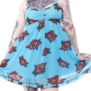 Deadstock Sourpuss American traditional tattoo flowy aqua dress with red roses